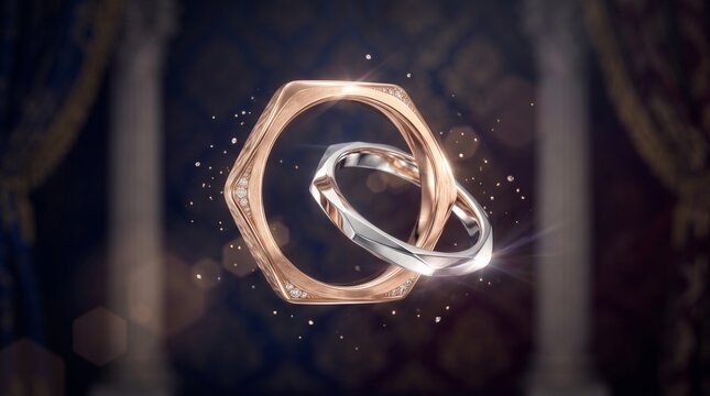 Luxurious interlocked gold and silver rings floating elegantly, surrounded by sparkling hexagonal forms, symbolizing unity, refinement, and timeless connection in a dark atmospheric background.
