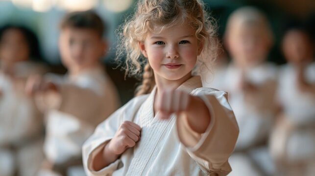 Young girl in karate uniform practicing martial arts punch with determination, surrounded by classmates