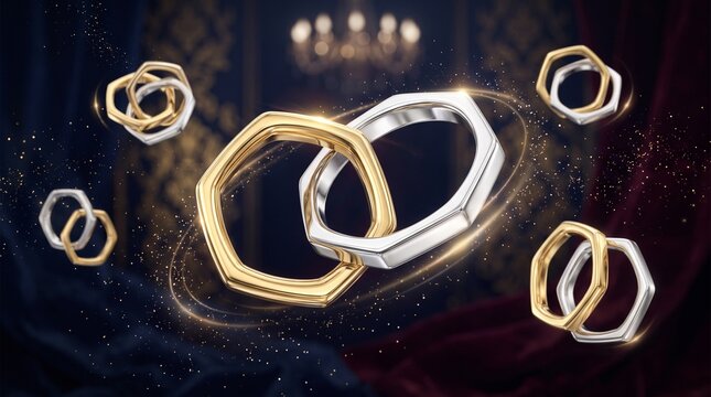 Luxurious interlocked gold and silver rings floating elegantly, surrounded by sparkling hexagonal forms, symbolizing unity, refinement, and timeless connection in a dark atmospheric background.