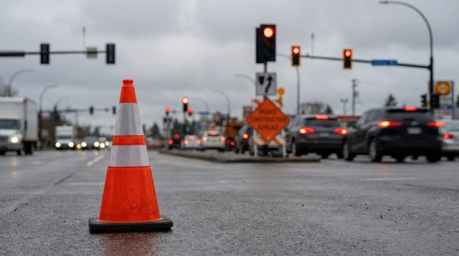 Road Management: Road cone placed near a busy intersection to organize vehicle movement 