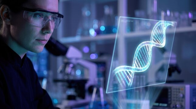 Molecular Interaction: Researcher studying DNA structures within a controlled cellular research environment 
