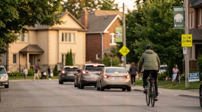 Safer Neighborhood: Cyclist moving through a residential street with vehicles slowing nearby 