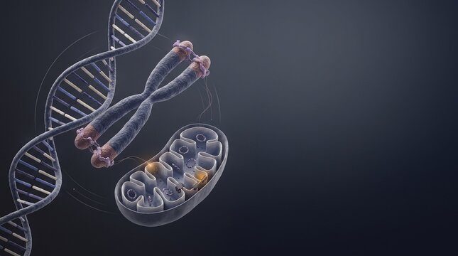 Cellular Longevity Research Concept with DNA Telomeres and Mitochondria
