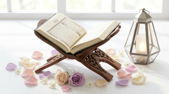 Open Quran on wooden stand with lantern and petals.