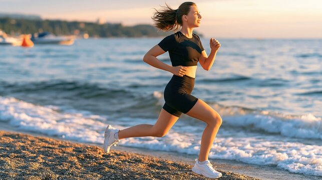 Fit woman running on beach at sunrise, enjoying healthy outdoor exercise and active lifestyle
