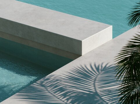 Modern minimalist poolside with concrete deck, palm fronds casting shadows, and clear turquoise water