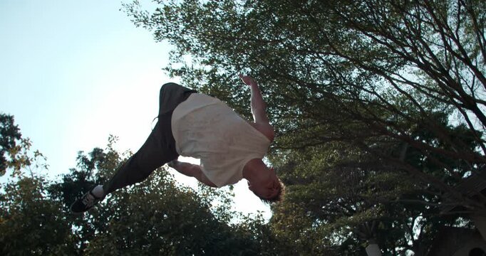 Powerful metaphor for success, shot in 1000fps with a time ramp. A determined man takes a leap of faith, flipping against the bright sun to overcome obstacles and reach his goal. Concept: motivation