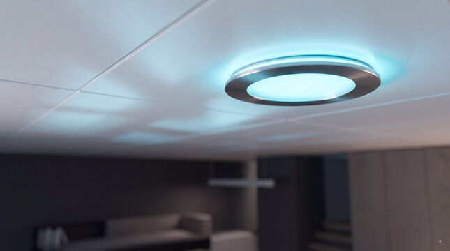 Modern circular LED ceiling light glowing blue in contemporary interior with blurred lounge background, clean architectural design and smart home ambiance