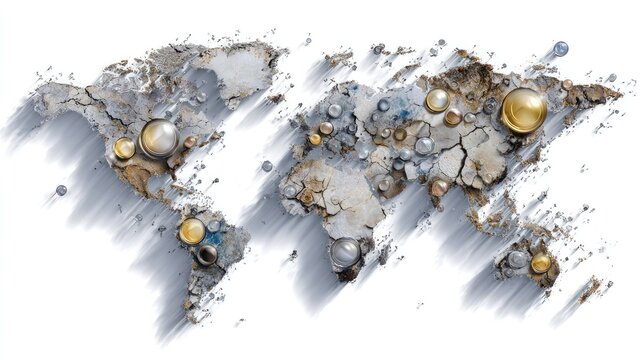 World Map Sculpture of Resources: A stylized world map constructed from rough concrete and accented with metallic spheres, representing mineral deposits and global resources.