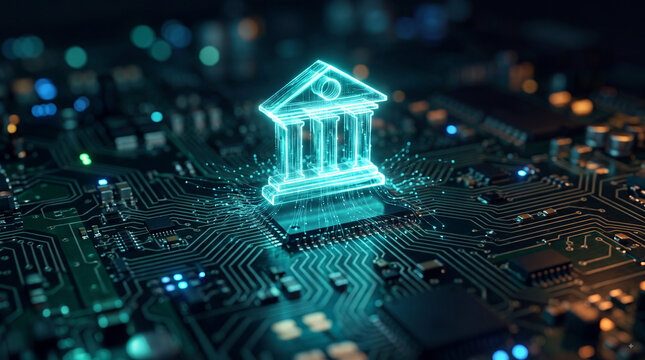 Glowing digital bank hologram on a circuit board illustrating fintech, secure online banking, electronic payments and financial technology infrastructure