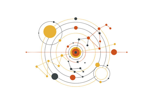Abstract geometric composition with concentric circles and connected dots on white background.