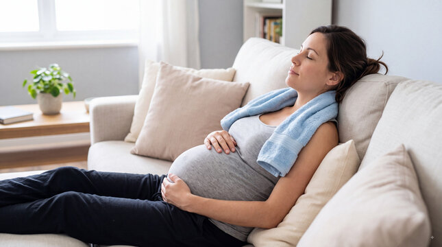Pregnant woman relaxing on sofa at home with towel around neck, resting peacefully in bright living room during maternity wellness and self care