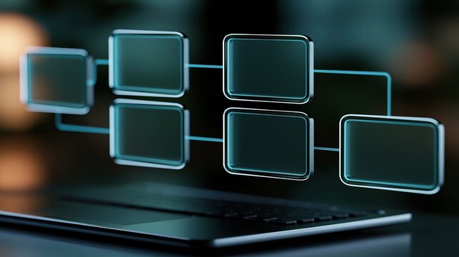 Futuristic digital flowchart displaying interconnected data nodes and information flow on a dark background