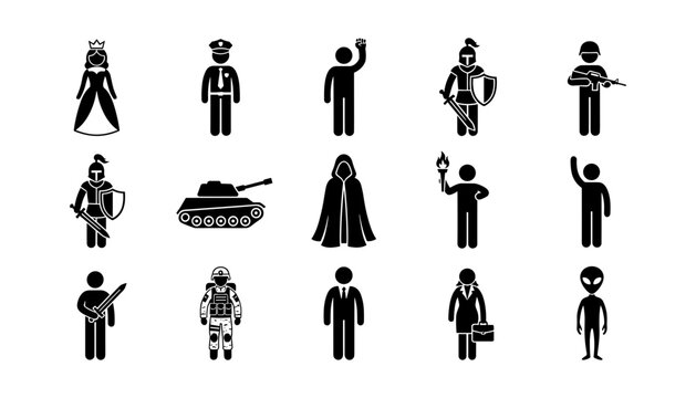 People characters and occupations vector silhouettes set with stick figures knight soldier princess and alien