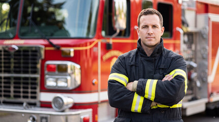 Fototapeta premium Confident firefighter in protective uniform standing with arms crossed in front of red fire engine at station, emergency service portrait outdoors