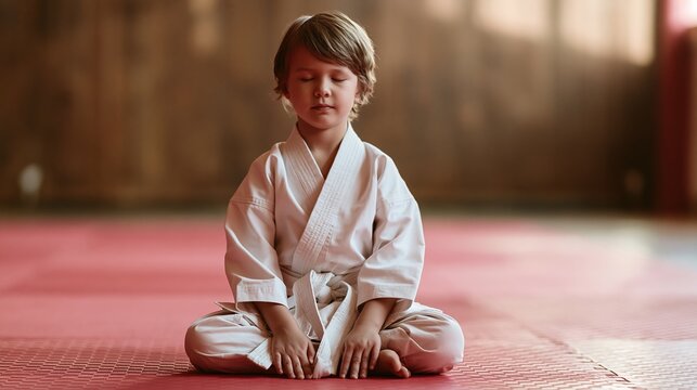Young boy in martial arts uniform meditating peacefully on tatami mat in dojo