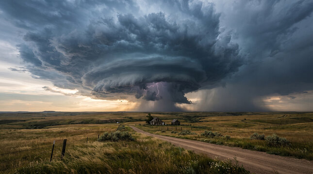 Dramatic supercell thunderstorm with a visible wall cloud and rain shaft over a rural landscape