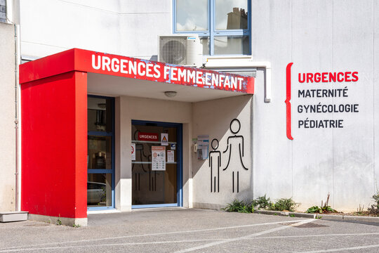Cherbourg, France - July 20, 2026: Entrance of the woman's and child's emergency service (maternity, gynecology, pediatrics) at the Louis Pasteur Hospital, part of the Cotentin Public Hospital Center.