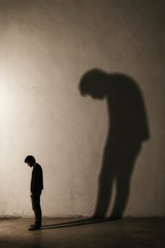 Person casting an oversized shadow on a bare plaster wall