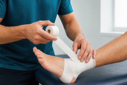 Physiotherapist taping an athletes ankle on a treatment bench