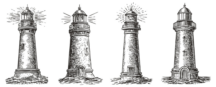 Vintage lighthouse illustrations set four different tall coastal towers with lights and waves nautical marine beacons, navigation symbols black and white sketch