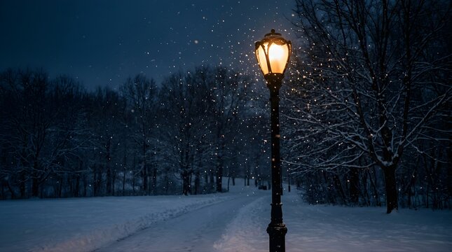 Illuminated vintage street lamp glowing in a snowy park at night