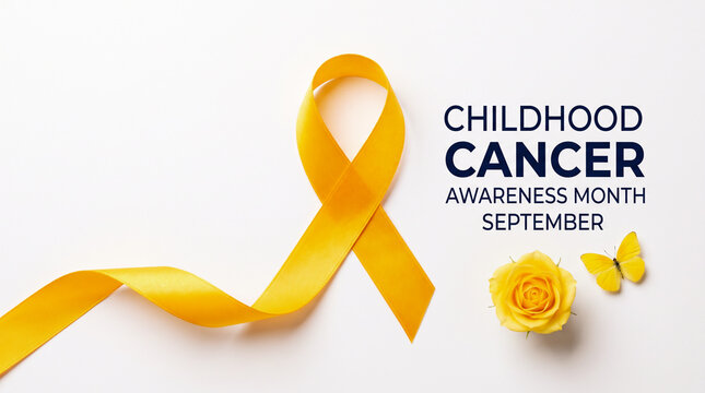 Gold ribbon and yellow smiley face pin on white background for childhood