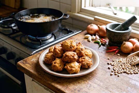 Homemade Ghanaian Kose Crispy Fried Bean Cakes Served on a Rustic Wooden Kitchen Counter with Fresh Ingredients
