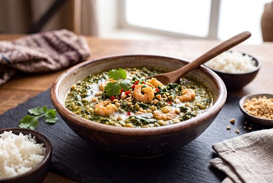 Traditional Mozambique Matapa Dish Featuring Young Cassava Leaves Stewed With Coconut Peanuts And Succulent Shrimp
