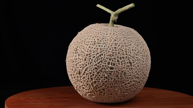Whole cantaloupe melon with textured rind and stem a black background