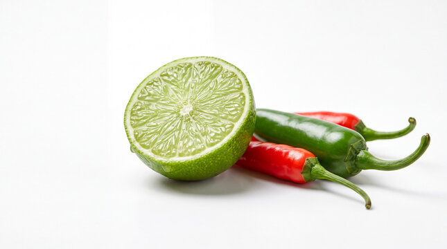 Fresh lime half with red and green chili peppers on white background, vibrant spicy citrus ingredients for cooking, salsa, seasoning and garnish