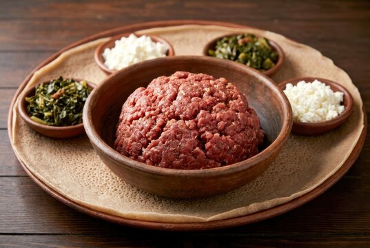 Traditional Ethiopian Kitfo Raw Minced Beef Dish Served With Injera Bread And Accompaniments