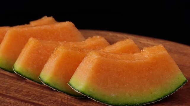Fresh cantaloupe sliced ​​into pieces, with its bright orange flesh, a black background.