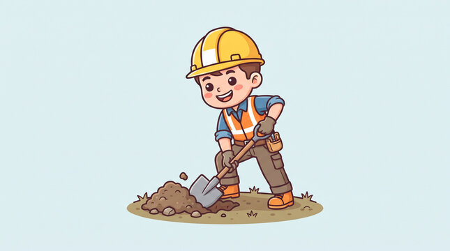 Cute Chibi Construction Worker Character Digging Dirt with Spade Vector Illustration