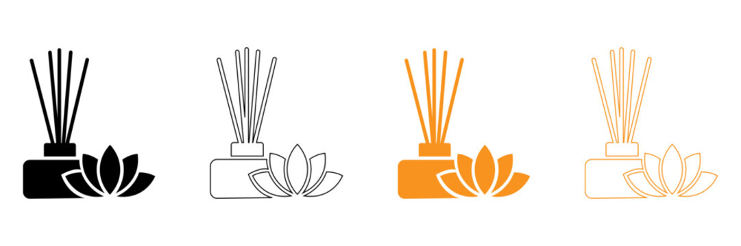 A set of reed diffuser aroma sticks bottle lotus flower spa symbol vector icon black outline yellow orange color essential oil fragrance emblem sign logo design element art isolated white