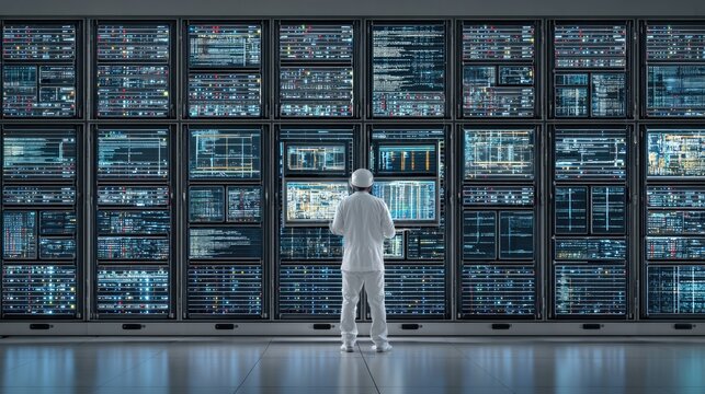A lone technician stands before a massive server rack filled with glowing monitors displaying complex data streams.