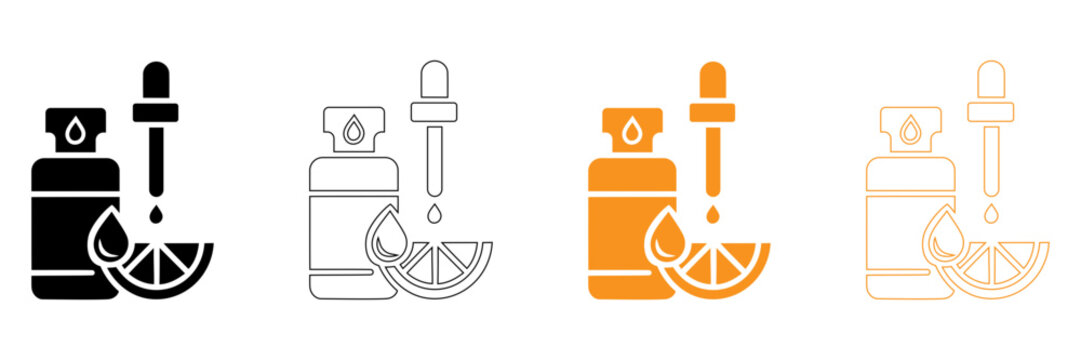 A set of vitamin C serum bottle dropper drop citrus slice symbol vector icon black outline yellow orange color skincare cosmetics treatment emblem sign logo design element art isolated white