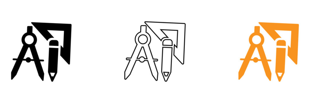 A set of compass triangle ruler pencil drawing drafting geometry school tool symbol vector icon black outline yellow orange color architecture engineering emblem sign logo design element