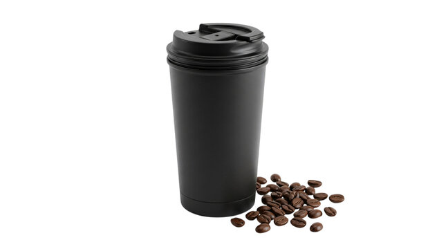 Black reusable coffee cup with lid and roasted beans, matte plastic travel mug for hot drinks, takeaway beverage container on white background