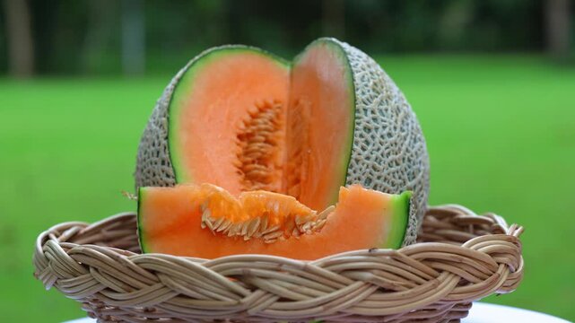 Cantaloupe melon with seeds in basket