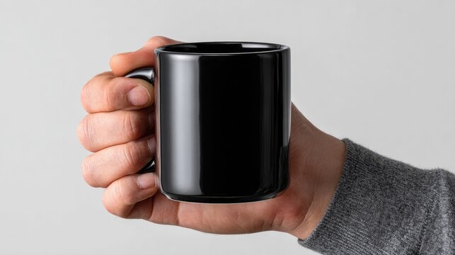 Hand Holding Black Mug: A close-up shot captures a hand gently cradling a sleek, glossy black ceramic mug, offering a simple yet elegant everyday object.