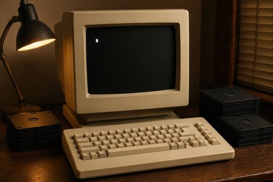 Retro home computer with a boxy monitor and stacked floppy disks