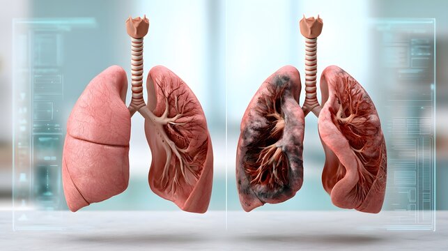 healthy lungs versus damaged lungs medical concept, two realistic anatomical lung structures displayed side by side for comparison, clean clinical background, subtle diagnostic interface elements,