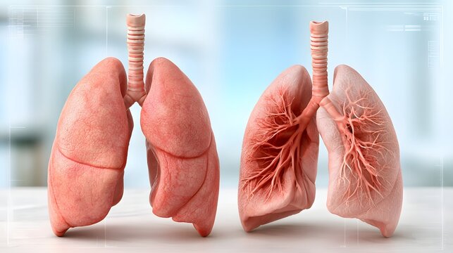 healthy lungs versus damaged lungs medical concept, two realistic anatomical lung structures displayed side by side for comparison, clean clinical background, subtle diagnostic interface elements,
