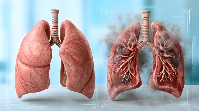healthy lungs versus damaged lungs medical concept, two realistic anatomical lung structures displayed side by side for comparison, clean clinical background, subtle diagnostic interface elements,