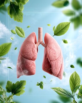 respiratory wellness concept, realistic anatomical lungs surrounded by fresh air visual elements and soft natural light, clean blue background, subtle medical interface, modern healthcare campaign