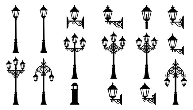  Vintage Street Lamp and Decorative Lantern Silhouette Icon Set with Ornate Victorian Poles, Wall Lights, Garden Lamps, and Gothic Designs