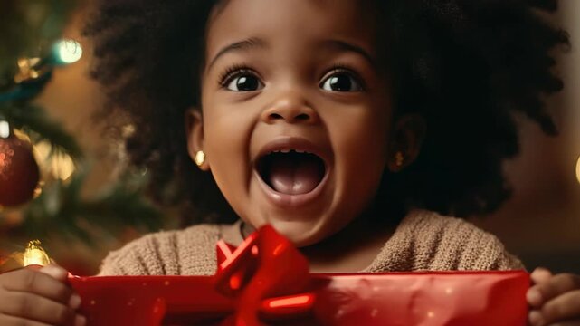 A young child happily unwrapping a red gift during the holiday season. The joyous expression conveys excitement and delight.