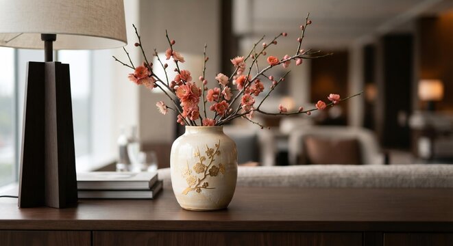 Ceramic Vase with Pink Cherry Blossoms on Console Table, Elegant Hospitality Interior Decor Concept