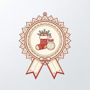 Christmas Award Ribbon Badge with Stocking and Ornament, Blank Holiday Retail Label for Seasonal Marketing Promotions